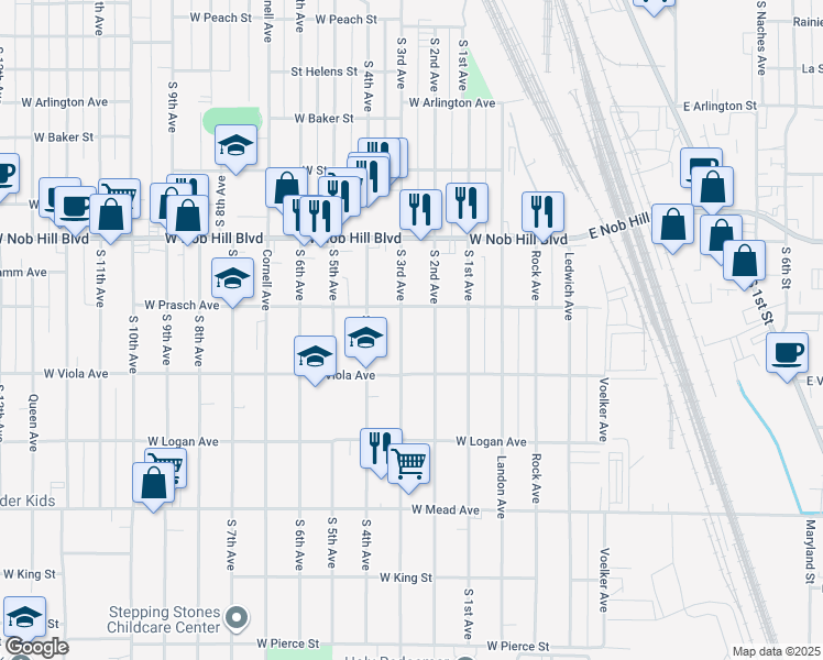 map of restaurants, bars, coffee shops, grocery stores, and more near 1207 South 3rd Avenue in Yakima