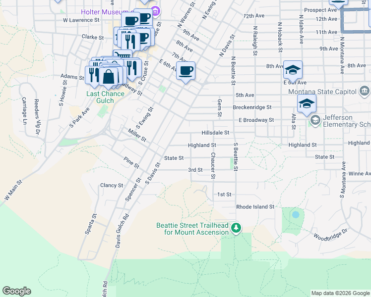 map of restaurants, bars, coffee shops, grocery stores, and more near 202 Blake Street in Helena