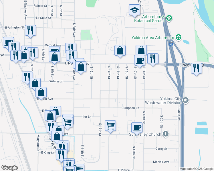 map of restaurants, bars, coffee shops, grocery stores, and more near 1504 South 14th Street in Yakima