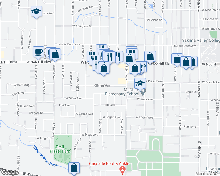 map of restaurants, bars, coffee shops, grocery stores, and more near 2512 Clinton Way in Yakima