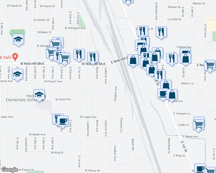 map of restaurants, bars, coffee shops, grocery stores, and more near 1205 Ledwich Avenue in Yakima
