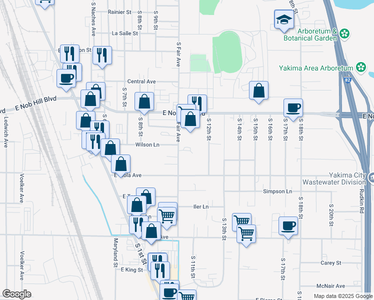 map of restaurants, bars, coffee shops, grocery stores, and more near 1511 South Fair Avenue in Yakima