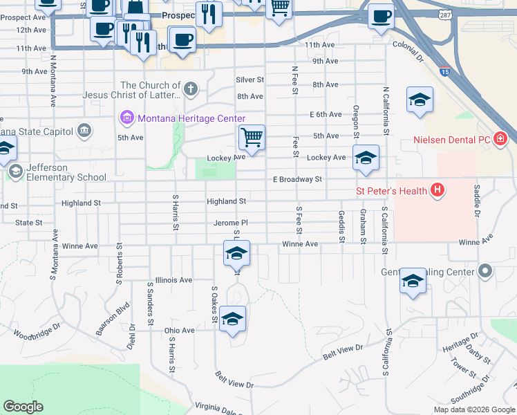 map of restaurants, bars, coffee shops, grocery stores, and more near 1823 Highland Street in Helena