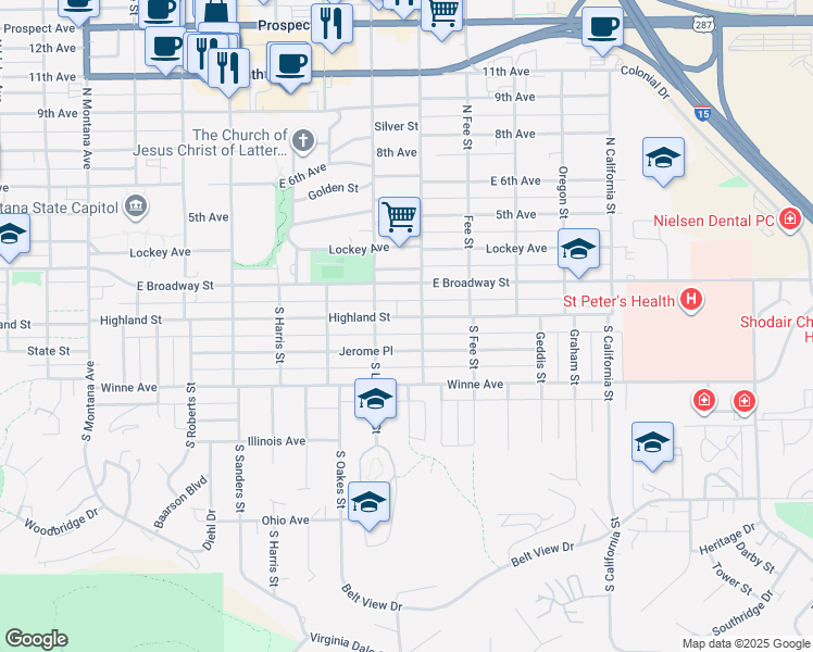 map of restaurants, bars, coffee shops, grocery stores, and more near 1823 Highland Street in Helena