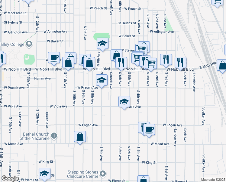 map of restaurants, bars, coffee shops, grocery stores, and more near 1203 Cornell Avenue in Yakima