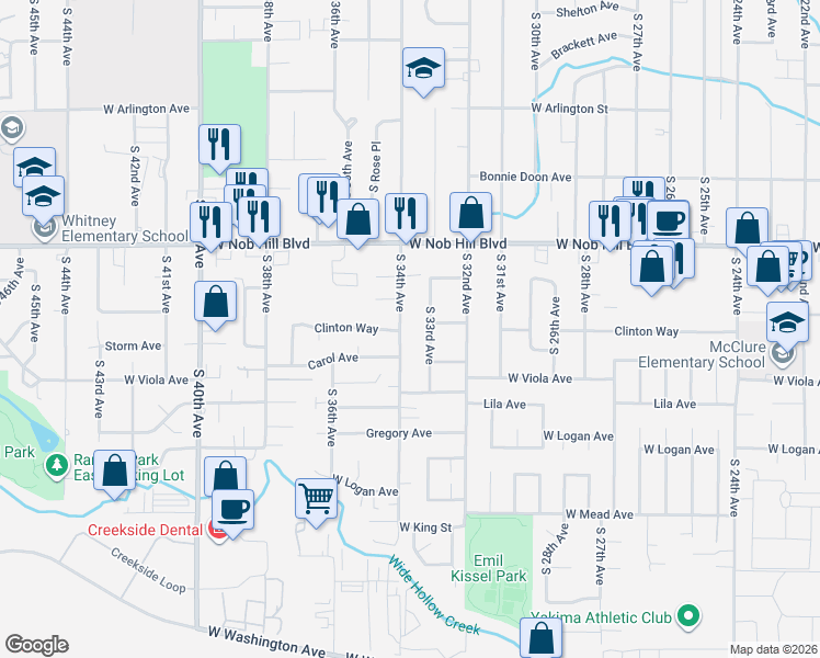 map of restaurants, bars, coffee shops, grocery stores, and more near 1215 S 34th Ave in Yakima