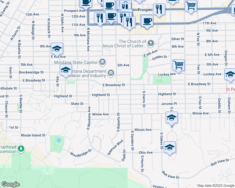 map of restaurants, bars, coffee shops, grocery stores, and more near 211-221 Wallace Street in Helena