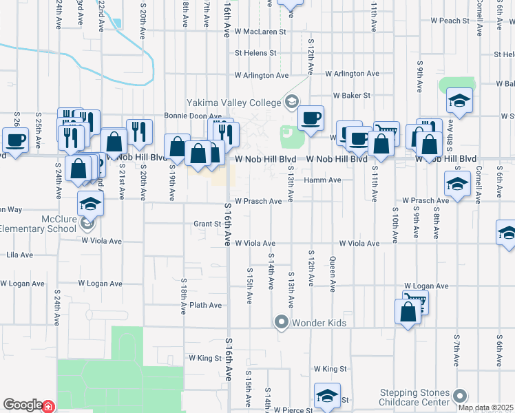 map of restaurants, bars, coffee shops, grocery stores, and more near 1212 South 14th Avenue in Yakima