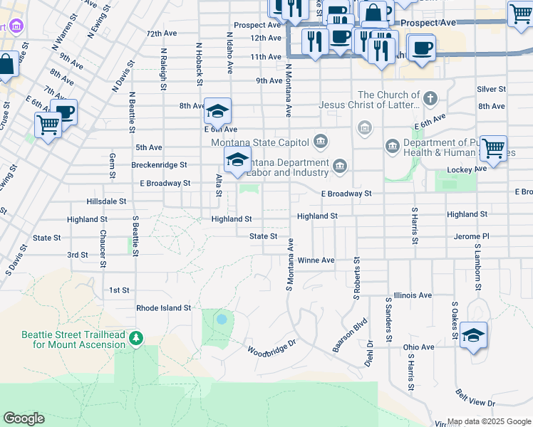 map of restaurants, bars, coffee shops, grocery stores, and more near 1100 Highland Street in Helena