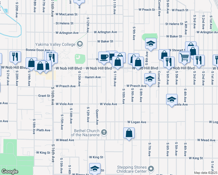 map of restaurants, bars, coffee shops, grocery stores, and more near 1111 Pleasant Avenue in Yakima
