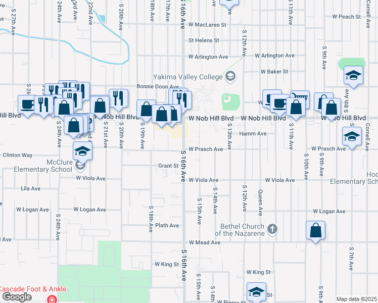 map of restaurants, bars, coffee shops, grocery stores, and more near in Yakima