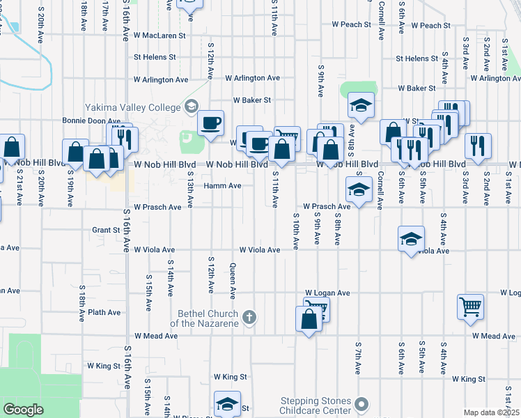 map of restaurants, bars, coffee shops, grocery stores, and more near 1111 Pleasant Avenue in Yakima