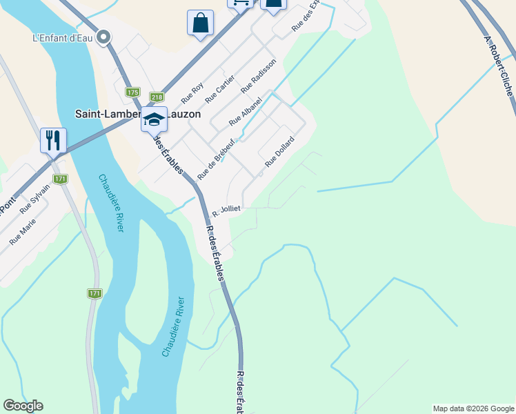 map of restaurants, bars, coffee shops, grocery stores, and more near 132 Rue Jolliet in Saint-Lambert-de-Lauzon