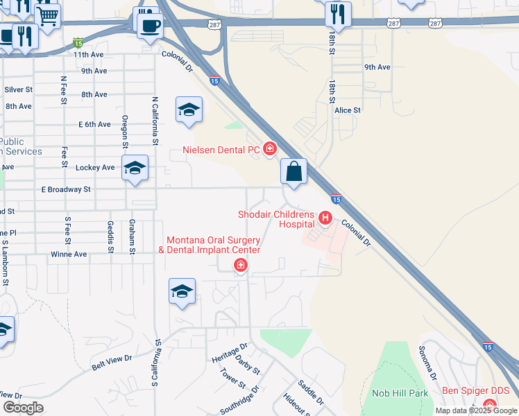 map of restaurants, bars, coffee shops, grocery stores, and more near 2615 East Broadway Street in Helena