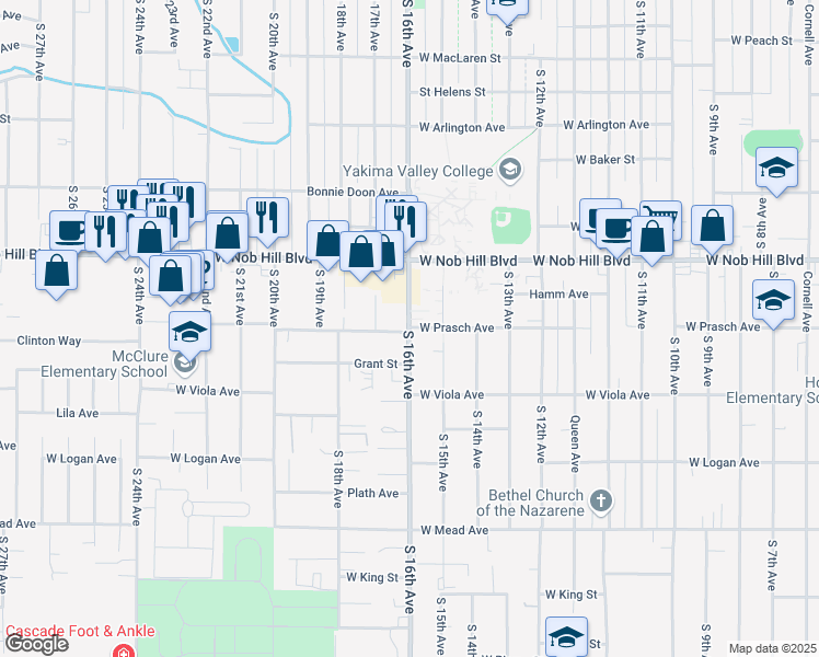 map of restaurants, bars, coffee shops, grocery stores, and more near in Yakima