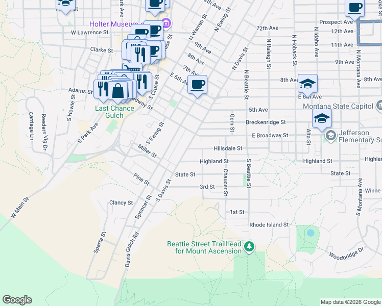 map of restaurants, bars, coffee shops, grocery stores, and more near 26 South Davis Street in Helena