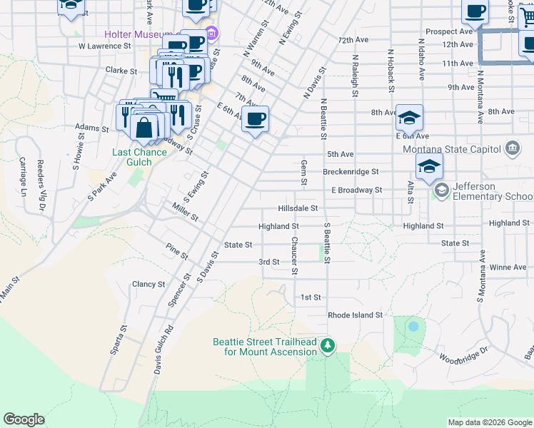 map of restaurants, bars, coffee shops, grocery stores, and more near 524 Hillsdale Street in Helena