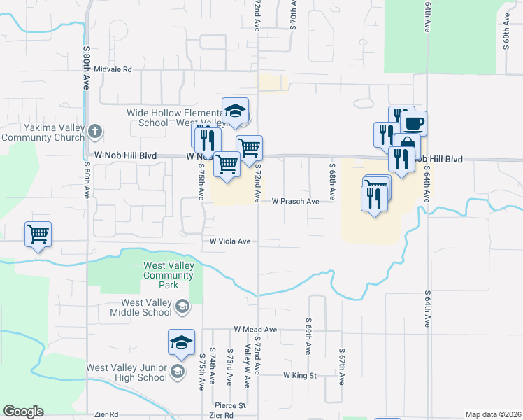 map of restaurants, bars, coffee shops, grocery stores, and more near 1202 South 72nd Avenue in Yakima