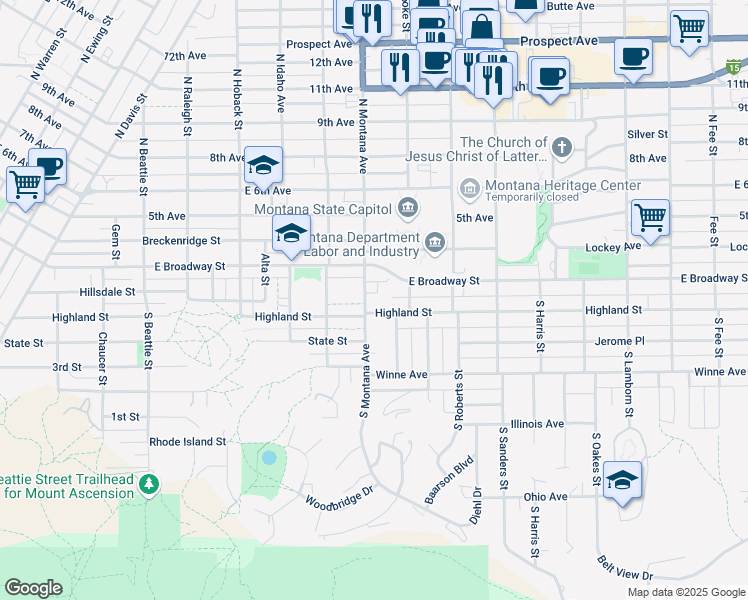 map of restaurants, bars, coffee shops, grocery stores, and more near 1205 Broadway Court in Helena