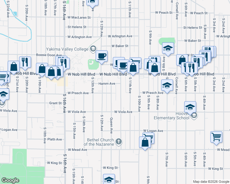 map of restaurants, bars, coffee shops, grocery stores, and more near 1123 Queen Avenue in Yakima