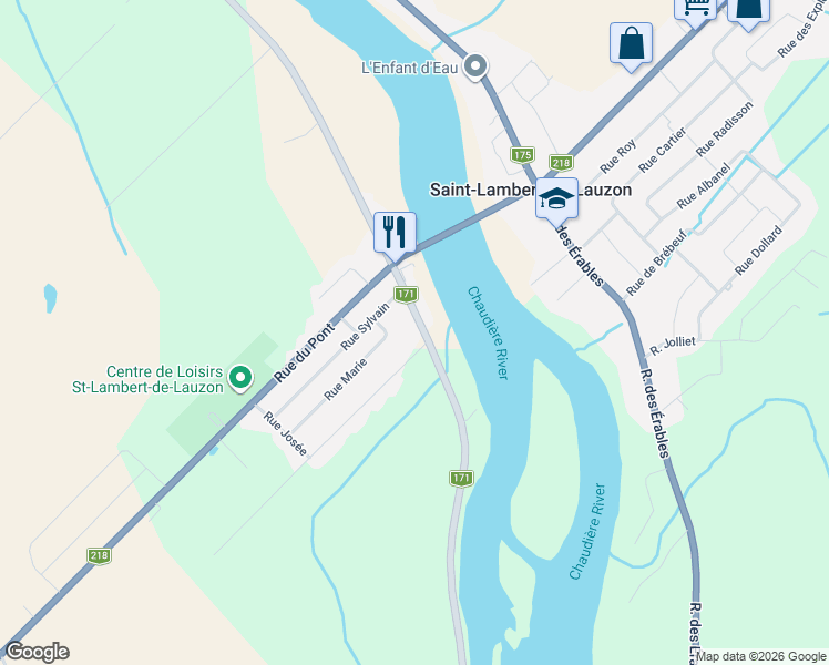 map of restaurants, bars, coffee shops, grocery stores, and more near 1153 Rue Bellevue in Saint-Lambert-de-Lauzon