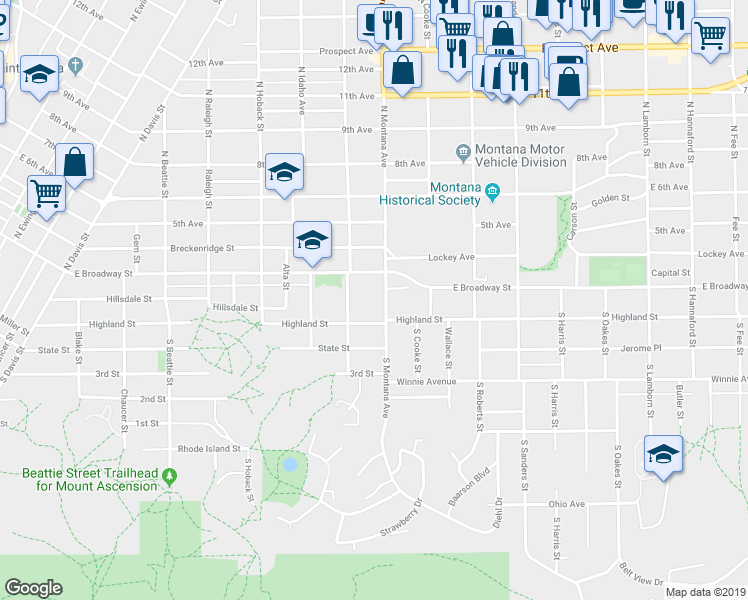 map of restaurants, bars, coffee shops, grocery stores, and more near 11 South Dakota Street in Helena