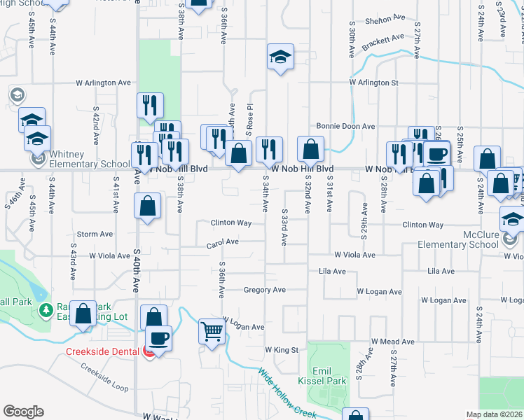 map of restaurants, bars, coffee shops, grocery stores, and more near 3405 West Prasch Avenue in Yakima