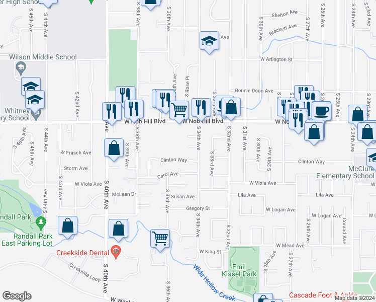 map of restaurants, bars, coffee shops, grocery stores, and more near 3406 West Prasch Avenue in Yakima