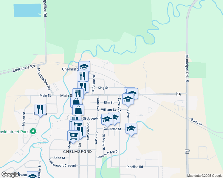 map of restaurants, bars, coffee shops, grocery stores, and more near 88 King Street in Sudbury