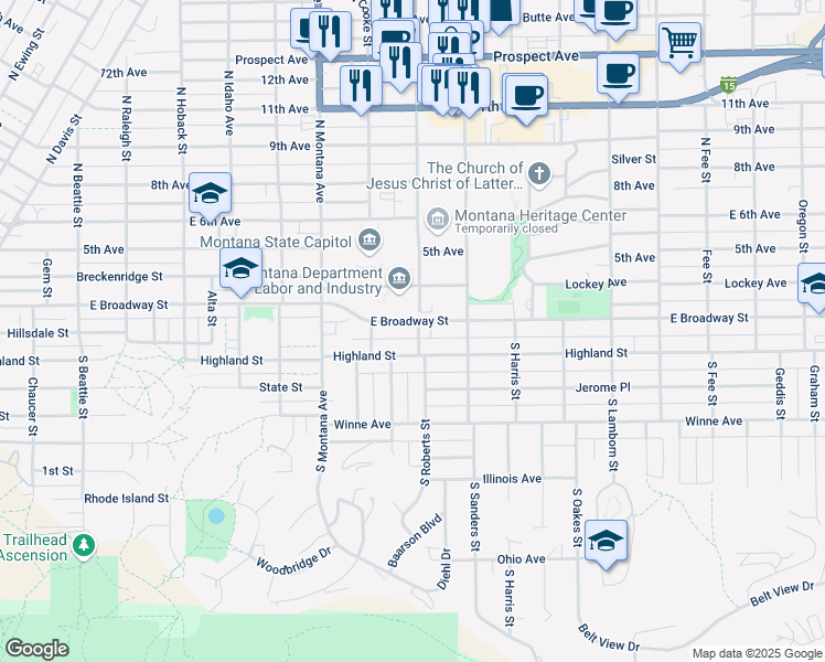 map of restaurants, bars, coffee shops, grocery stores, and more near 1325 East Broadway Street in Helena