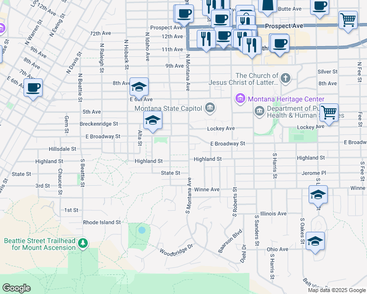 map of restaurants, bars, coffee shops, grocery stores, and more near 14 South Montana Avenue in Helena