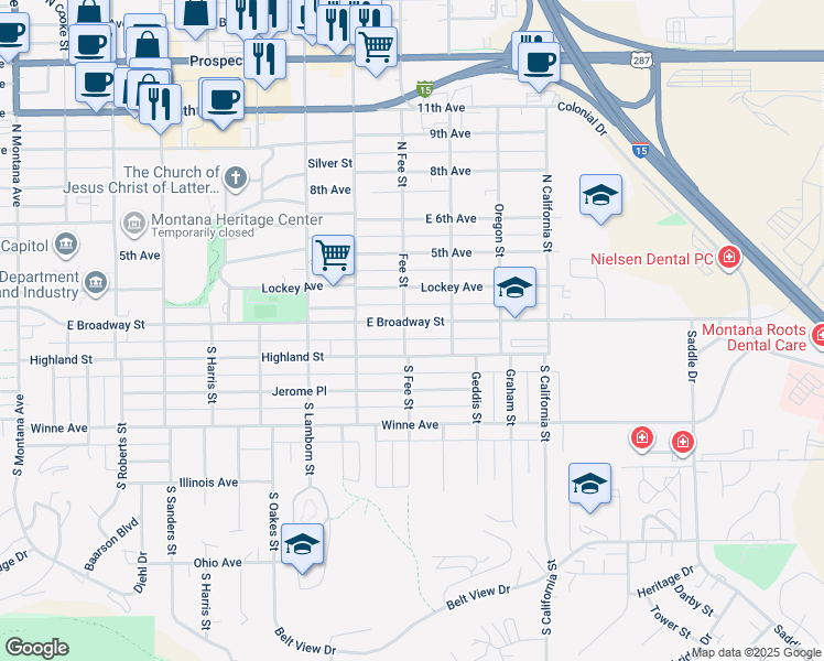 map of restaurants, bars, coffee shops, grocery stores, and more near 2001 East Broadway Street in Helena