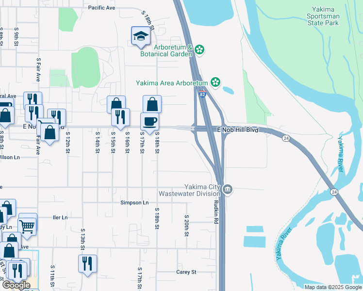 map of restaurants, bars, coffee shops, grocery stores, and more near 1906 Boggess St in Yakima