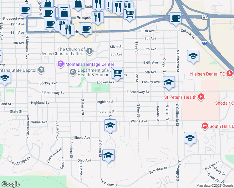 map of restaurants, bars, coffee shops, grocery stores, and more near 1819 East Broadway Street in Helena
