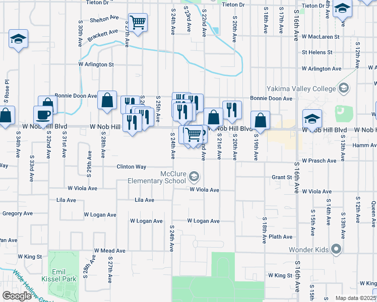 map of restaurants, bars, coffee shops, grocery stores, and more near 1127 S 24th Ave in Yakima