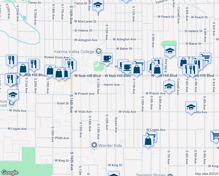 map of restaurants, bars, coffee shops, grocery stores, and more near 1113 South 12th Avenue in Yakima