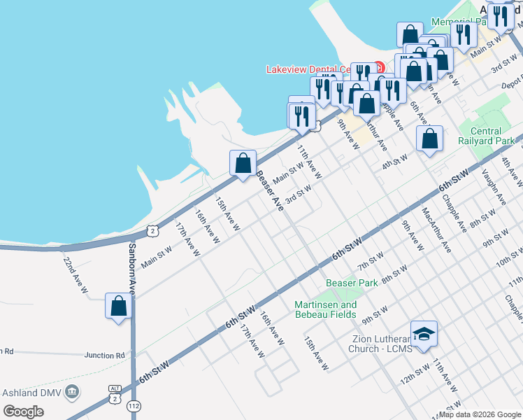 map of restaurants, bars, coffee shops, grocery stores, and more near 216 1/2 14th Avenue West in Ashland