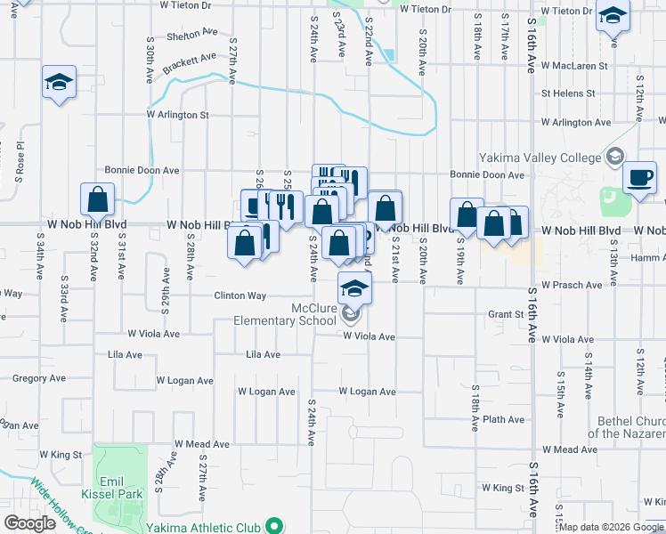 map of restaurants, bars, coffee shops, grocery stores, and more near 2204 West Nob Hill Boulevard in Yakima