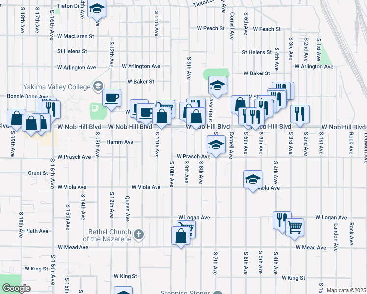 map of restaurants, bars, coffee shops, grocery stores, and more near 1118 South 9th Avenue in Yakima