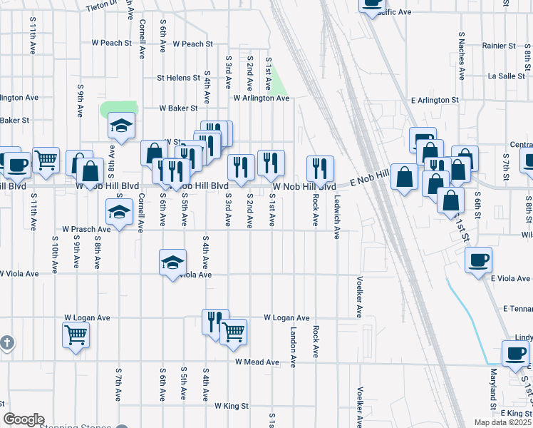 map of restaurants, bars, coffee shops, grocery stores, and more near 1114 South 1st Avenue in Yakima