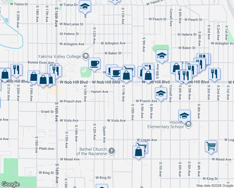 map of restaurants, bars, coffee shops, grocery stores, and more near 1111 Pleasant Avenue in Yakima