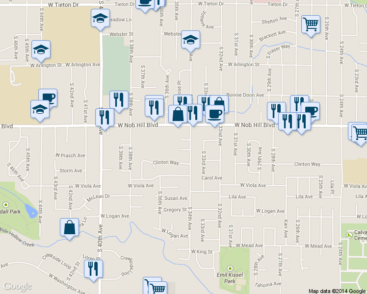 map of restaurants, bars, coffee shops, grocery stores, and more near 3405 West Prasch Avenue in Yakima