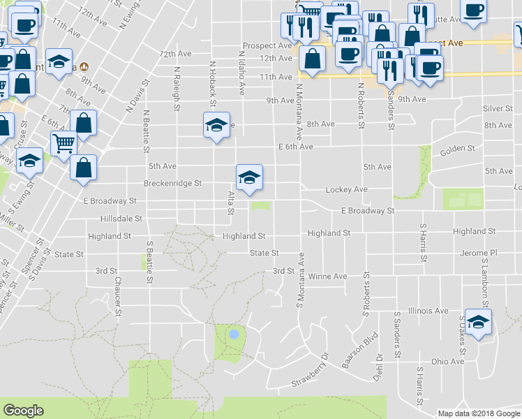 map of restaurants, bars, coffee shops, grocery stores, and more near 1023 Broadway Street in Helena