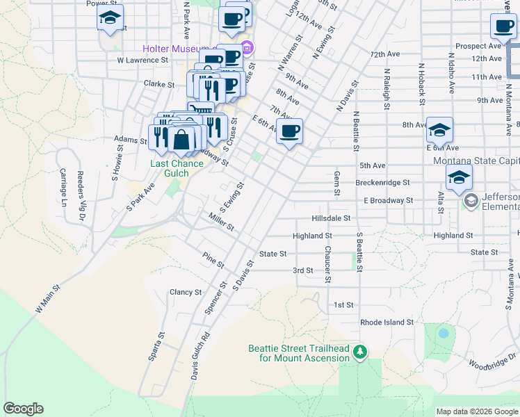 map of restaurants, bars, coffee shops, grocery stores, and more near 26 South Davis Street in Helena