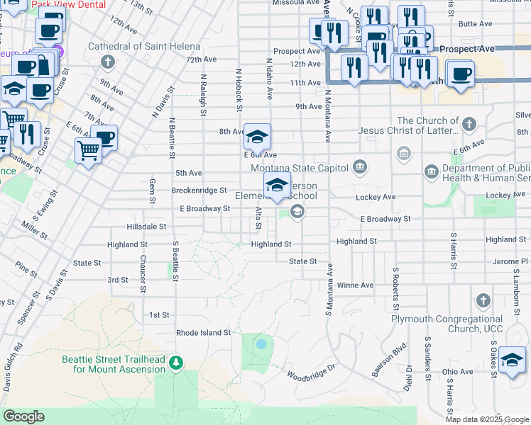 map of restaurants, bars, coffee shops, grocery stores, and more near 1007 East Broadway Street in Helena