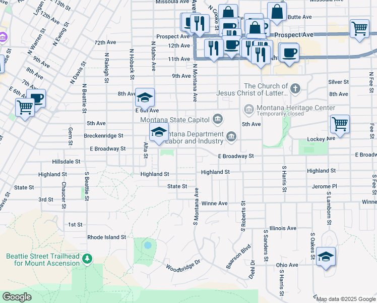 map of restaurants, bars, coffee shops, grocery stores, and more near 1117 East Broadway Street in Helena