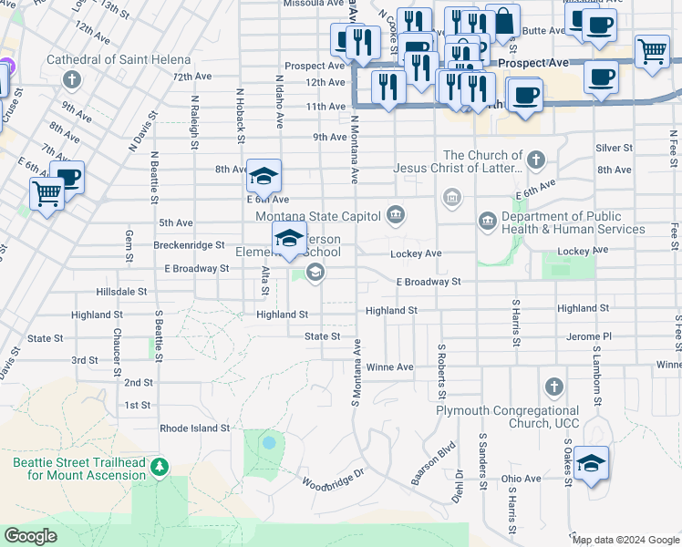 map of restaurants, bars, coffee shops, grocery stores, and more near 1117 East Broadway Street in Helena