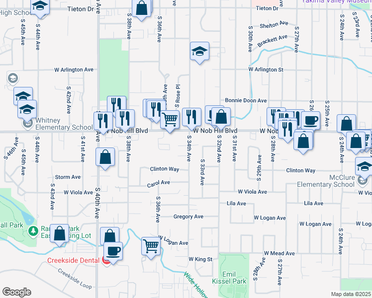 map of restaurants, bars, coffee shops, grocery stores, and more near 3402 Vincenta Way in Yakima