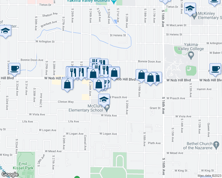 map of restaurants, bars, coffee shops, grocery stores, and more near 1115 South 22nd Avenue in Yakima