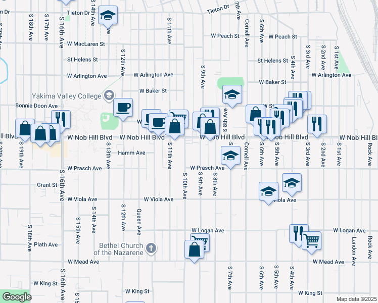 map of restaurants, bars, coffee shops, grocery stores, and more near 1118-1120 South 9th Avenue in Yakima